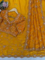Yellow Color Fendi Silk Fabric Sequence With Bead Work Saree