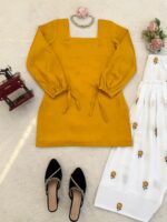 Yellow Color Rayon Fabric Thread Work Farshi Style Suit