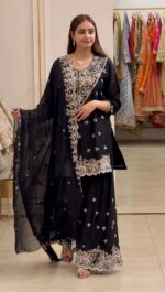 Black Color Faux Georgette Fabric Thread With Sequence Work Palazzo Suit