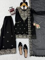 Black Color Faux Georgette Fabric Thread With Sequence Work Palazzo Suit