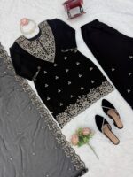 Black Color Faux Georgette Fabric Thread With Sequence Work Palazzo Suit