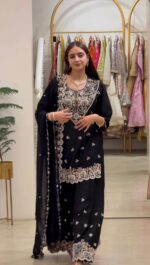 Black Color Faux Georgette Fabric Thread With Sequence Work Palazzo Suit