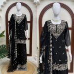 Black Color Faux Georgette Fabric Thread With Sequence Work Palazzo Suit