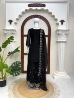 Black Color Faux Georgette Fabric Thread With Sequence Work Palazzo Suit