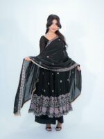 Black Color Fendi Silk Fabric Thread With Sequence Work Anarkali Suit