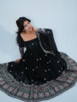 Black Color Fendi Silk Fabric Thread With Sequence Work Anarkali Suit