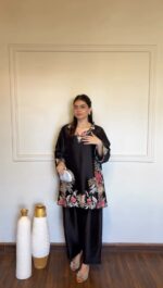 Black Color Rayon Satin Fabric Thread Work Palazzo Suit