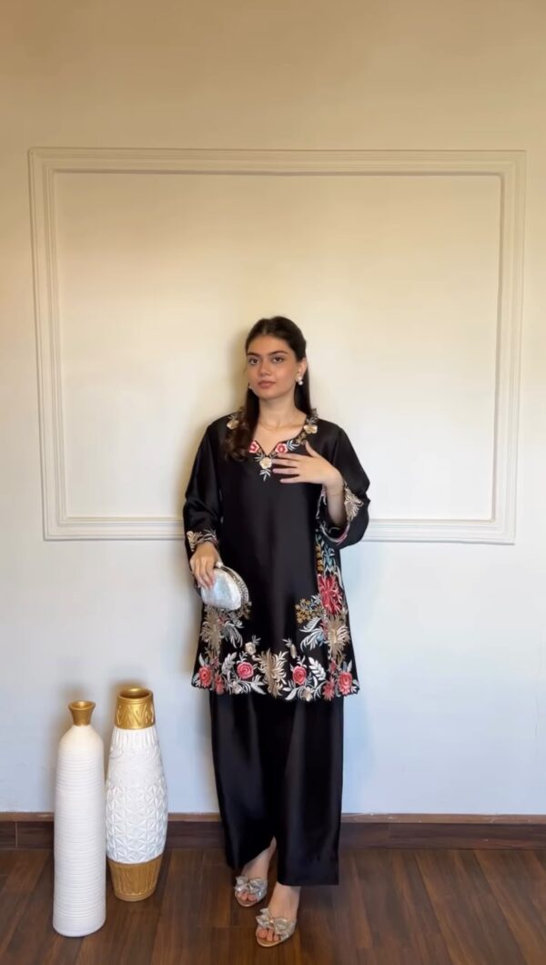 Black Color Rayon Satin Fabric Thread Work Palazzo Suit