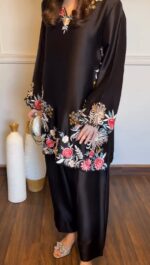 Black Color Rayon Satin Fabric Thread Work Palazzo Suit