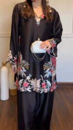 Black Color Rayon Satin Fabric Thread Work Palazzo Suit