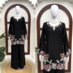 Black Color Rayon Satin Fabric Thread Work Palazzo Suit