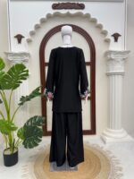Black Color Rayon Satin Fabric Thread Work Palazzo Suit