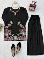 Black Color Rayon Satin Fabric Thread Work Palazzo Suit