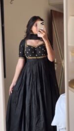 Black Color Vichitra Silk Fabric Thread With Sequence Work Gown