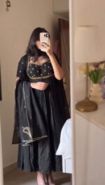Black Color Vichitra Silk Fabric Thread With Sequence Work Gown