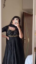 Black Color Vichitra Silk Fabric Thread With Sequence Work Gown