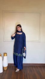 Blue Color American Silk Fabric Thread With Sequence Work Farshi Style Palazzo Suit