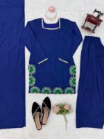 Blue Color American Silk Fabric Thread With Sequence Work Farshi Style Palazzo Suit