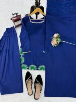 Blue Color American Silk Fabric Thread With Sequence Work Farshi Style Palazzo Suit