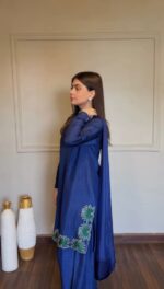 Blue Color American Silk Fabric Thread With Sequence Work Farshi Style Palazzo Suit