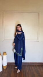 Blue Color American Silk Fabric Thread With Sequence Work Farshi Style Palazzo Suit