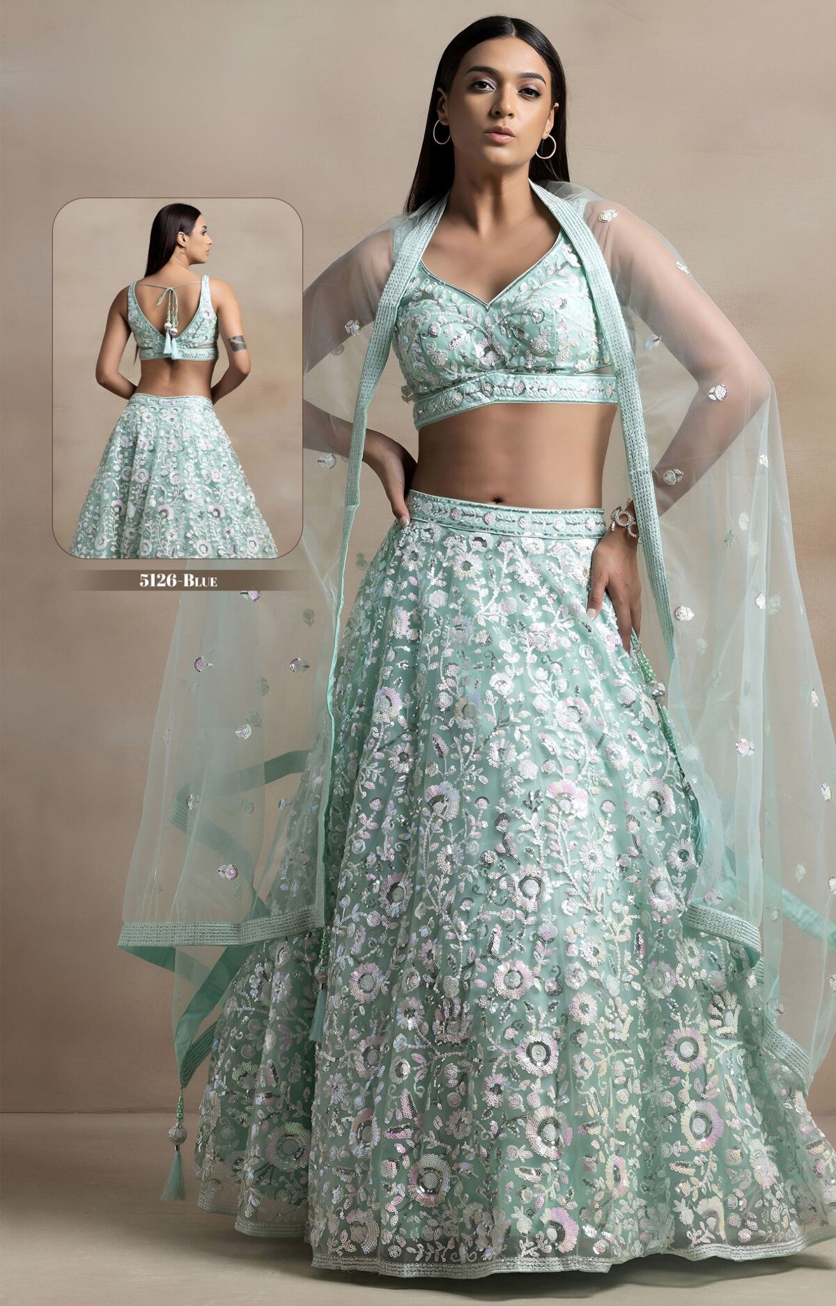 Blue Color Soft Net Fabric Thread With Multiple Sequence Work Lehenga