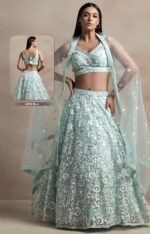 Blue Color Soft Net Fabric Thread With Multiple Sequence Work Lehenga