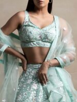 Blue Color Soft Net Fabric Thread With Multiple Sequence Work Lehenga