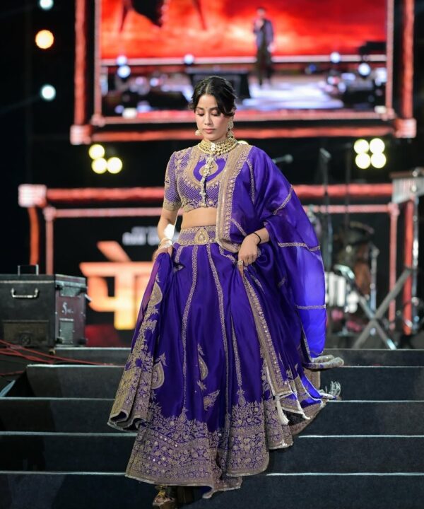 Bollywood Actress Janhvi Kapoor Purple Color Vichitra Silk Fabric Coding With Sequence Work Lehenga
