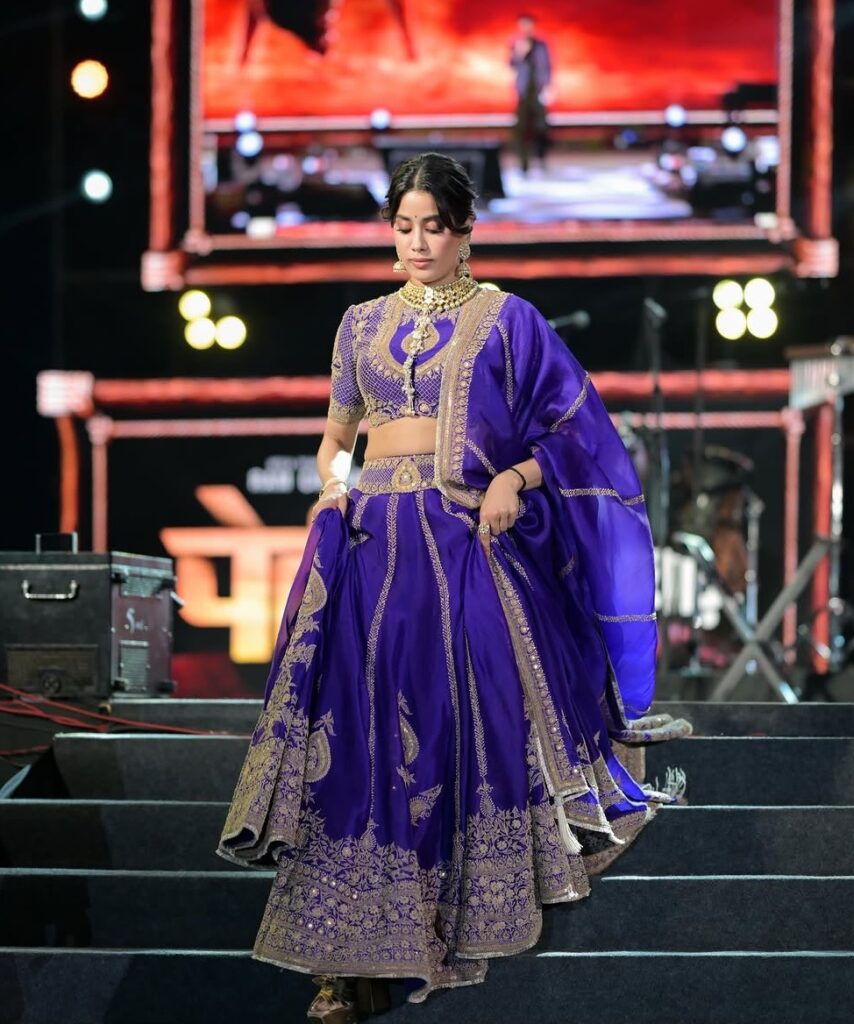 Bollywood Actress Janhvi Kapoor Purple Color Vichitra Silk Fabric Coding With Sequence Work Lehenga