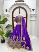 Bollywood Actress Janhvi Kapoor Purple Color Vichitra Silk Fabric Coding With Sequence Work Lehenga