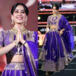 Bollywood Actress Janhvi Kapoor Purple Color Vichitra Silk Fabric Coding With Sequence Work Lehenga