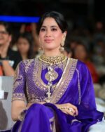 Bollywood Actress Janhvi Kapoor Purple Color Vichitra Silk Fabric Coding With Sequence Work Lehenga