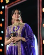 Bollywood Actress Janhvi Kapoor Purple Color Vichitra Silk Fabric Coding With Sequence Work Lehenga