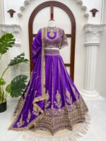 Bollywood Actress Janhvi Kapoor Purple Color Vichitra Silk Fabric Coding With Sequence Work Lehenga