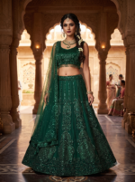 Bollywood Actress Rashmika Mandanna Green Net Fabric Coding With Sequence Work Lehenga