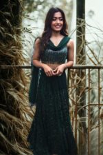 Bollywood Actress Rashmika Mandanna Green Net Fabric Coding With Sequence Work Lehenga