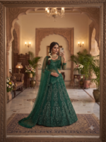 Bollywood Actress Rashmika Mandanna Green Net Fabric Coding With Sequence Work Lehenga