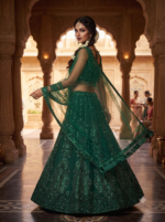 Bollywood Actress Rashmika Mandanna Green Net Fabric Coding With Sequence Work Lehenga