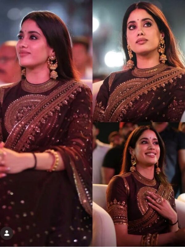 Brown Color Tabby Silk Fabric Thread With Sequence Work Janhvi Kapoor Saree