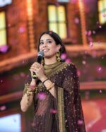 Brown Color Tabby Silk Fabric Thread With Sequence Work Janhvi Kapoor Saree