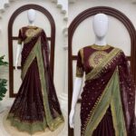 Brown Color Tabby Silk Fabric Thread With Sequence Work Janhvi Kapoor Saree