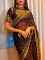 Brown Color Tabby Silk Fabric Thread With Sequence Work Janhvi Kapoor Saree