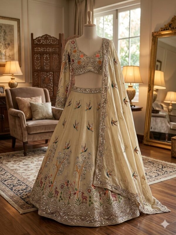 Cream Color Rangoli Silk Fabric Sequence With Embroidery Cut Work Lehenga
