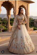 Cream Color Rangoli Silk Fabric Sequence With Embroidery Cut Work Lehenga