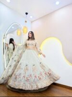 Cream Color Rangoli Silk Fabric Sequence With Embroidery Cut Work Lehenga