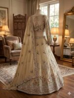 Cream Color Rangoli Silk Fabric Sequence With Embroidery Cut Work Lehenga