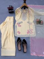 Cream Color Rayon Fabric Thread With Sequence Work Farshi Style Palazzo Suit