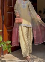 Cream Color Rayon Fabric Thread With Sequence Work Farshi Style Palazzo Suit