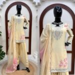 Cream Color Rayon Fabric Thread With Sequence Work Farshi Style Palazzo Suit